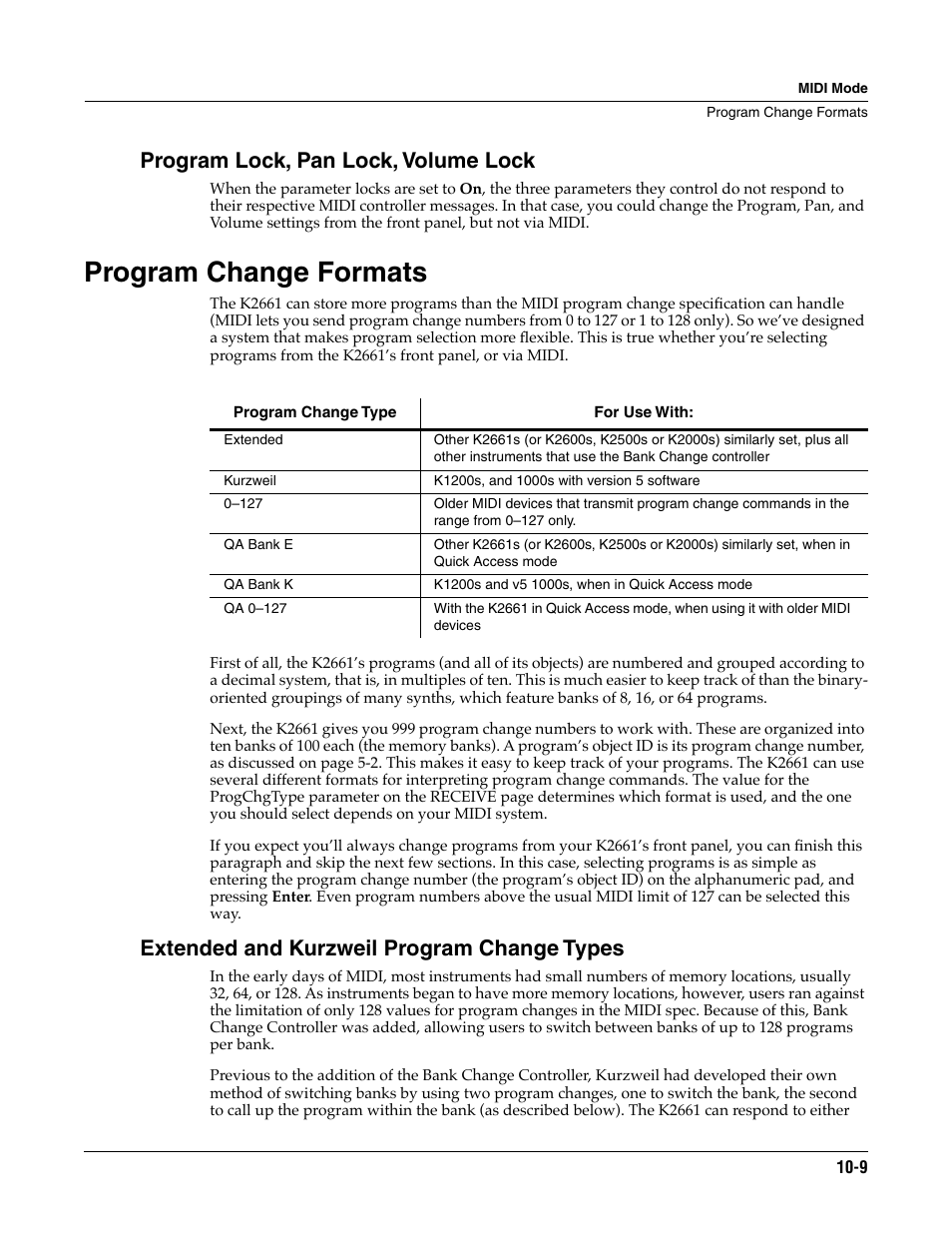 Program lock, pan lock, volume lock, Program change formats, Extended and kurzweil program change types | Program change formats -9 | ALESIS K2661 User Manual | Page 85 / 286