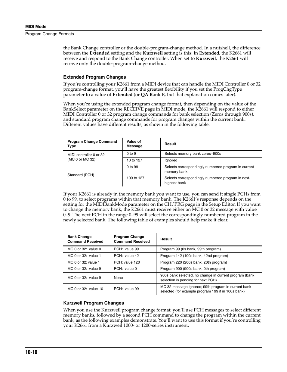 Extended program changes, Kurzweil program changes | ALESIS K2661 User Manual | Page 86 / 286