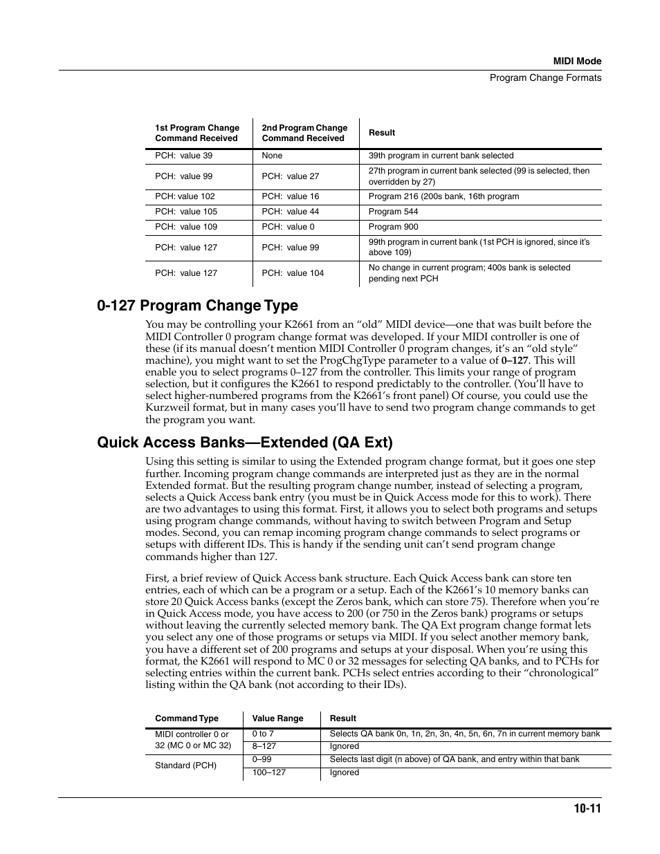 127 program change type, Quick access banks—extended (qa ext) | ALESIS K2661 User Manual | Page 87 / 286