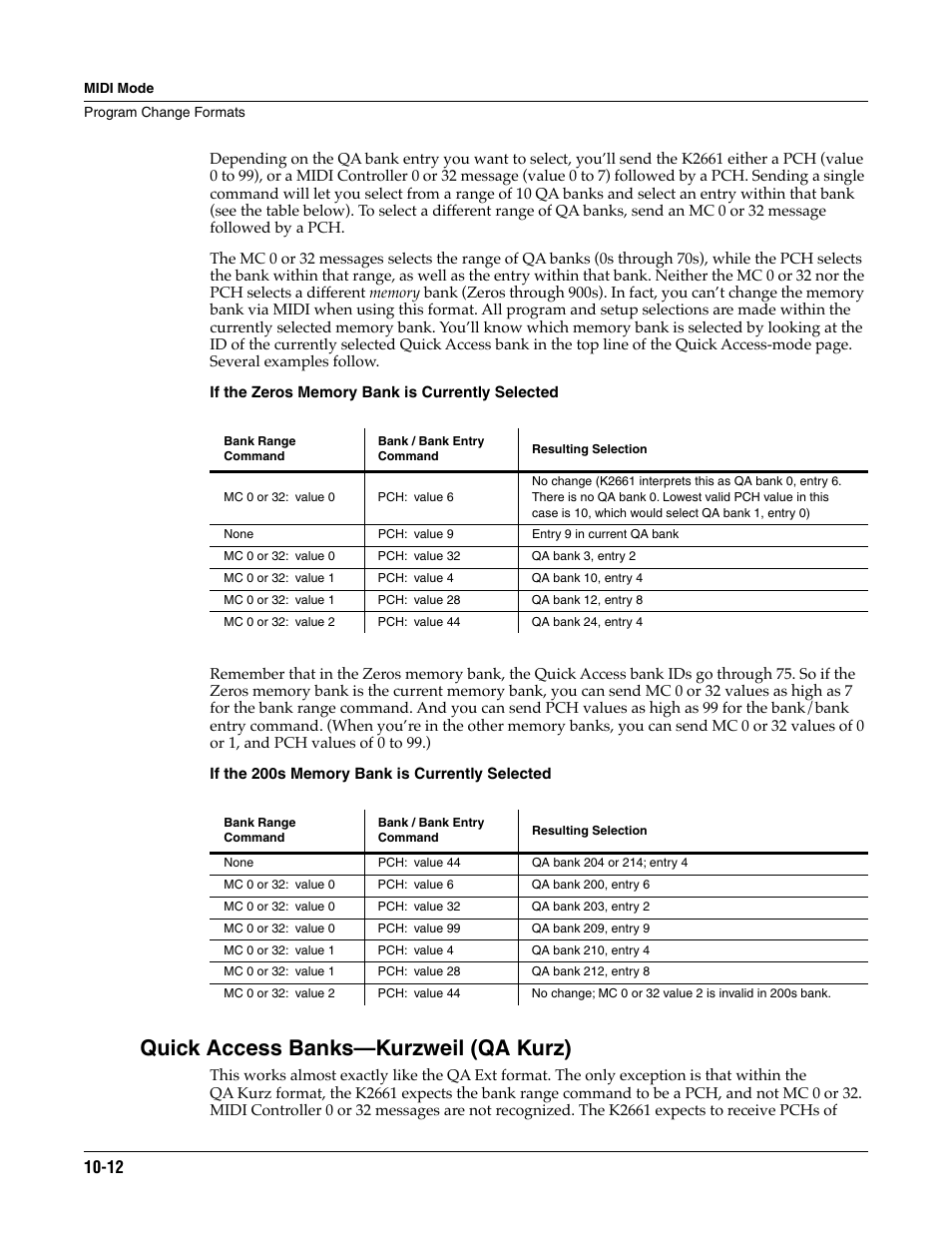 If the zeros memory bank is currently selected, If the 200s memory bank is currently selected, Quick access banks—kurzweil (qa kurz) | ALESIS K2661 User Manual | Page 88 / 286