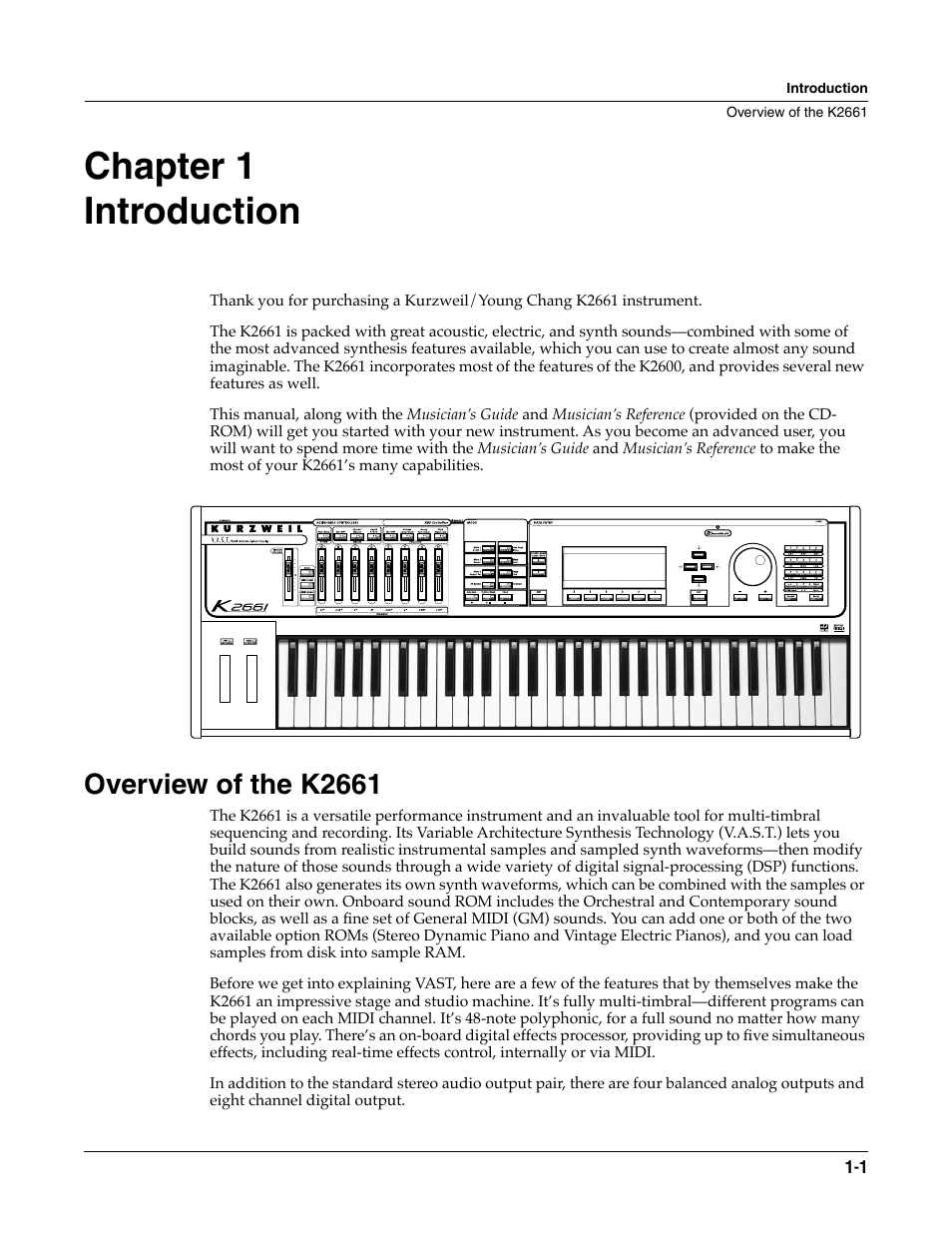 Introduction, Overview of the k2661, Chapter 1 | Overview of the k2661 -1, Chapter 1 introduction | ALESIS K2661 User Manual | Page 9 / 286