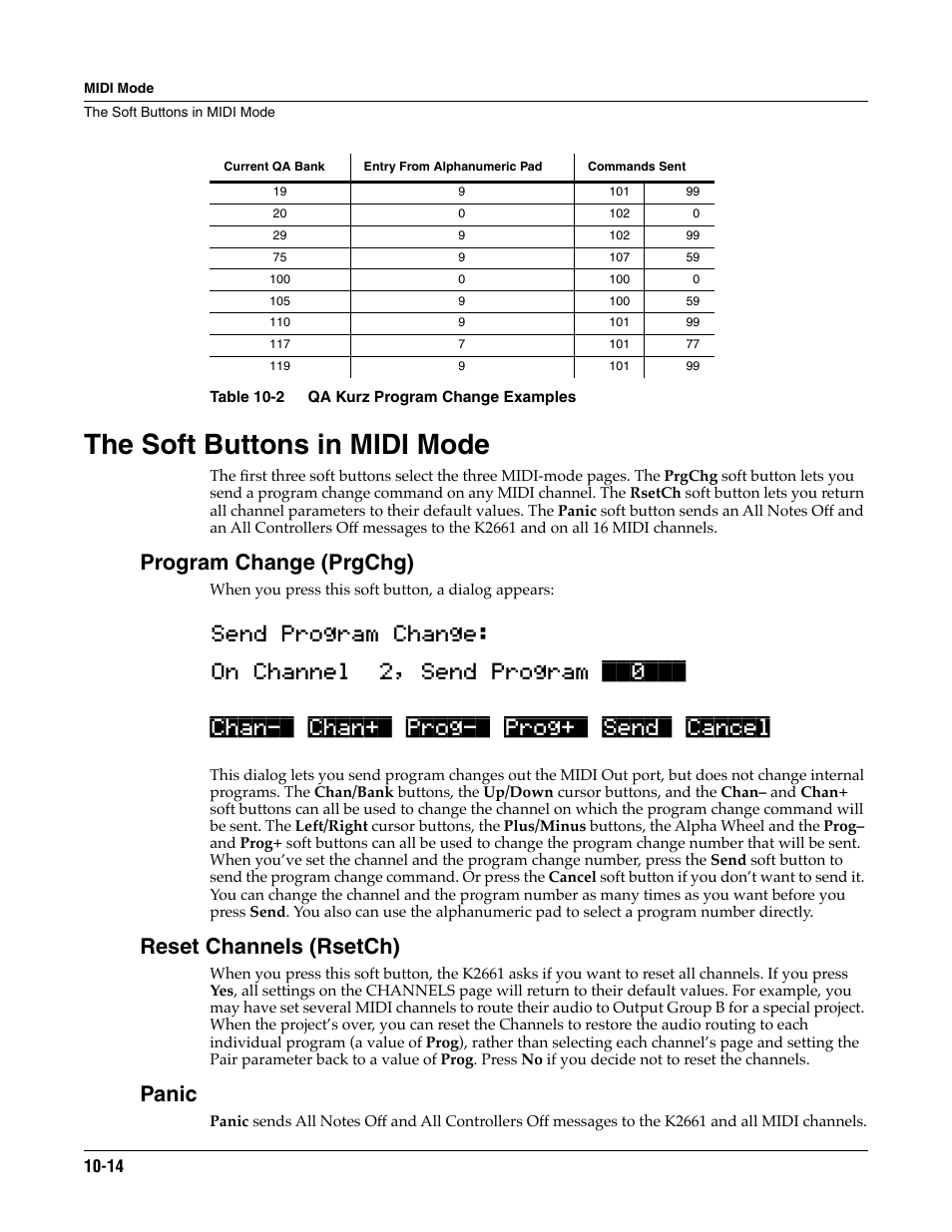 The soft buttons in midi mode, Program change (prgchg), Reset channels (rsetch) | Panic, The soft buttons in midi mode -14 | ALESIS K2661 User Manual | Page 90 / 286