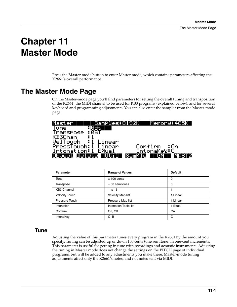 Master mode, Tune, Chapter 11 master mode | The master mode page | ALESIS K2661 User Manual | Page 91 / 286