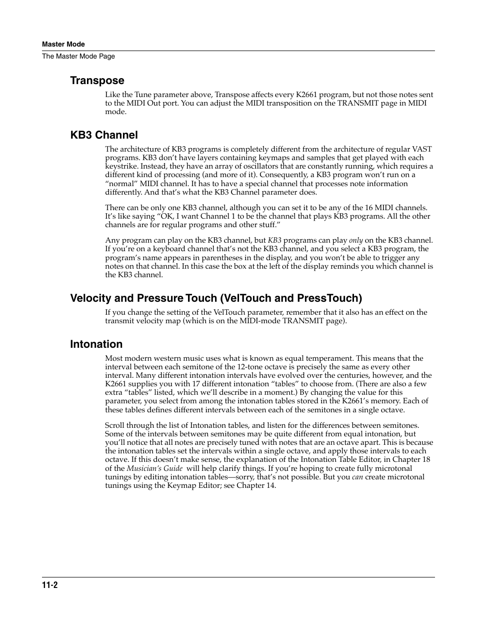 Transpose, Kb3 channel, Intonation | ALESIS K2661 User Manual | Page 92 / 286