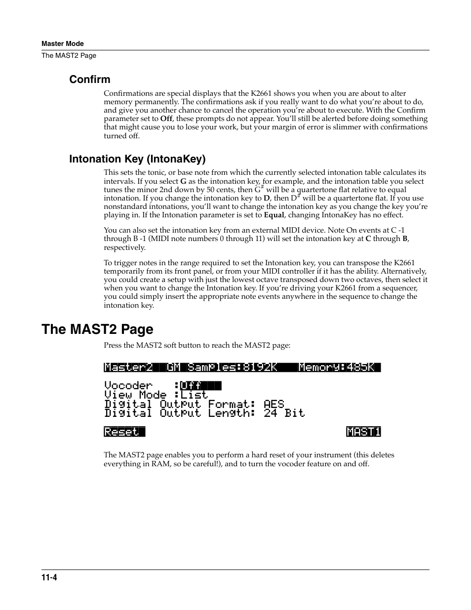 Confirm, Intonation key (intonakey), The mast2 page | ALESIS K2661 User Manual | Page 94 / 286