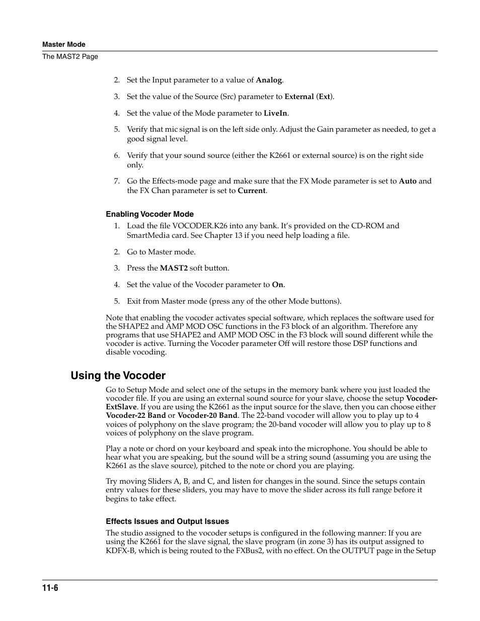 Enabling vocoder mode, Using the vocoder, Effects issues and output issues | ALESIS K2661 User Manual | Page 96 / 286