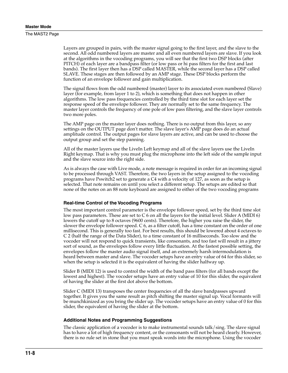 Real-time control of the vocoding programs, Additional notes and programming suggestions | ALESIS K2661 User Manual | Page 98 / 286