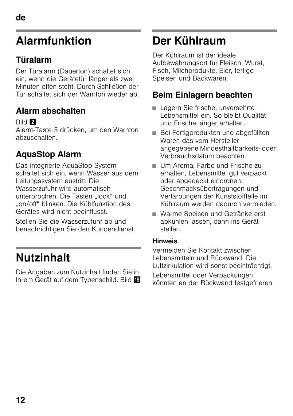 Alarmfunktion, Türalarm, Alarm abschalten | Aquastop alarm, Nutzinhalt, Der kühlraum, Beim einlagern beachten, Alarmfunktion nutzinhalt der kühlraum, De 12 | Siemens KS36WPI30 User Manual | Page 12 / 94