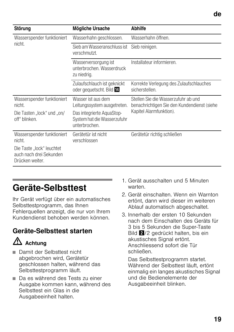 Geräte-selbsttest, Geräte-selbsttest starten, De 19 | Siemens KS36WPI30 User Manual | Page 19 / 94