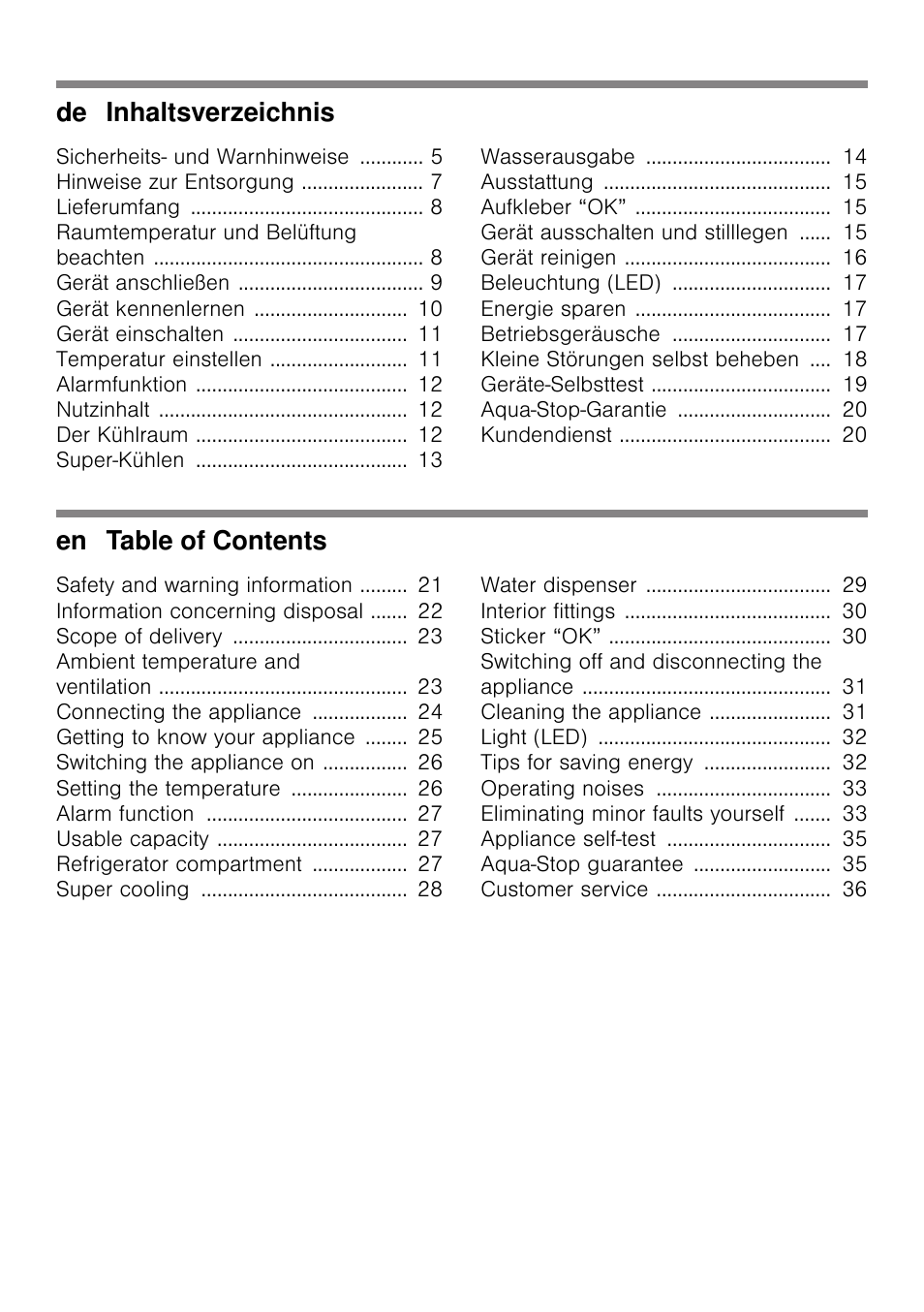 De inhaltsverzeichnis, En table of contents | Siemens KS36WPI30 User Manual | Page 2 / 94