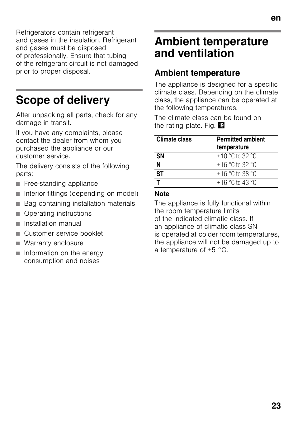 Scope of delivery, Ambient temperature and ventilation, Ambient temperature | Ventilation, En 23 | Siemens KS36WPI30 User Manual | Page 23 / 94