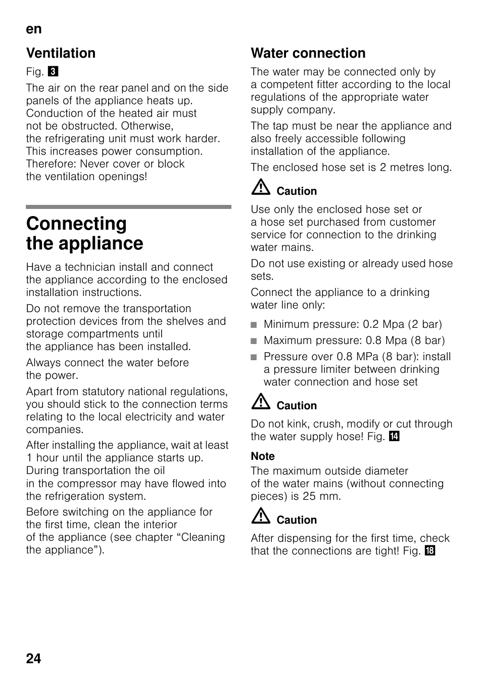 Ventilation, Connecting the appliance, Water connection | En 24 ventilation | Siemens KS36WPI30 User Manual | Page 24 / 94