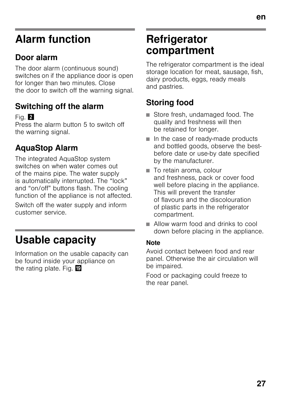 Alarm function, Door alarm, Switching off the alarm | Aquastop alarm, Usable capacity, Refrigerator compartment, Storing food, En 27 | Siemens KS36WPI30 User Manual | Page 27 / 94