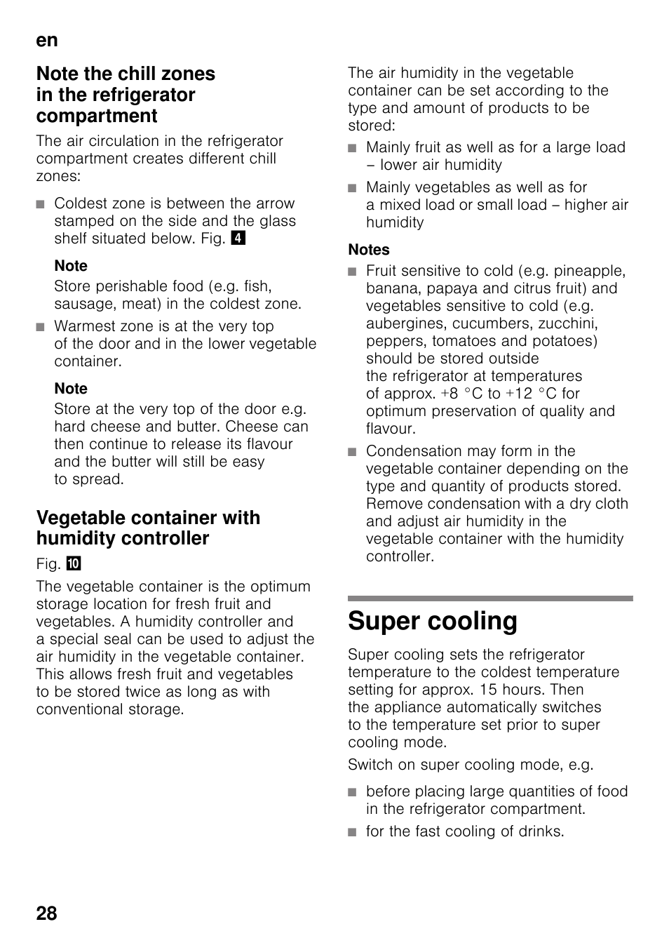 Vegetable container with humidity controller, Super cooling | Siemens KS36WPI30 User Manual | Page 28 / 94