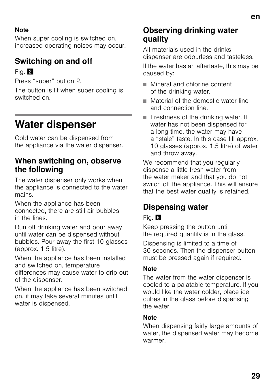 Switching on and off, Water dispenser, When switching on, observe the following | Observing drinking water quality, Dispensing water, En 29 | Siemens KS36WPI30 User Manual | Page 29 / 94