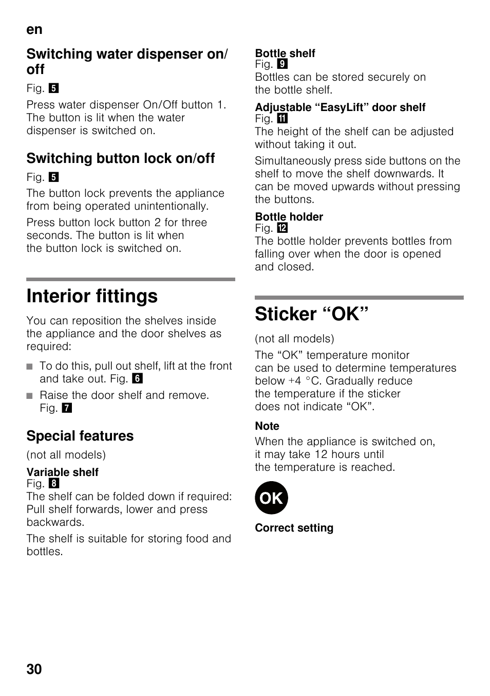 Switching water dispenser on/ off, Switching button lock on/off, Interior fittings | Special features, Variable shelf, Bottle shelf, Adjustable “easylift” door shelf, Bottle holder, Sticker “ok, Interior fittings sticker “ok | Siemens KS36WPI30 User Manual | Page 30 / 94