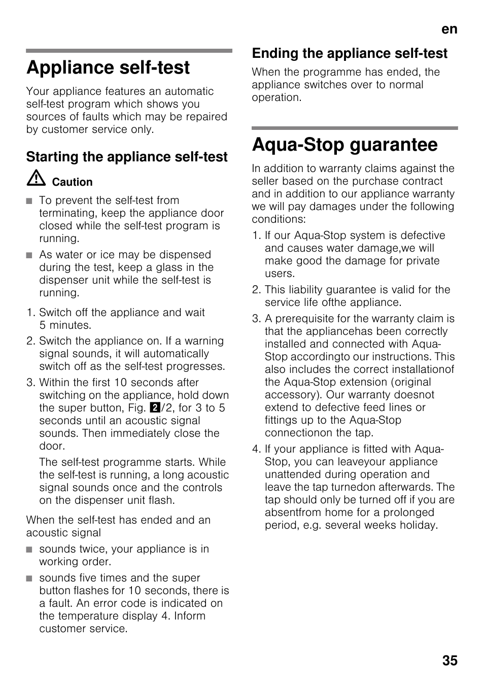 Appliance self-test, Starting the appliance self-test, Ending the appliance self-test | Aqua-stop guarantee, Appliance self-test aqua-stop guarantee, En 35 | Siemens KS36WPI30 User Manual | Page 35 / 94
