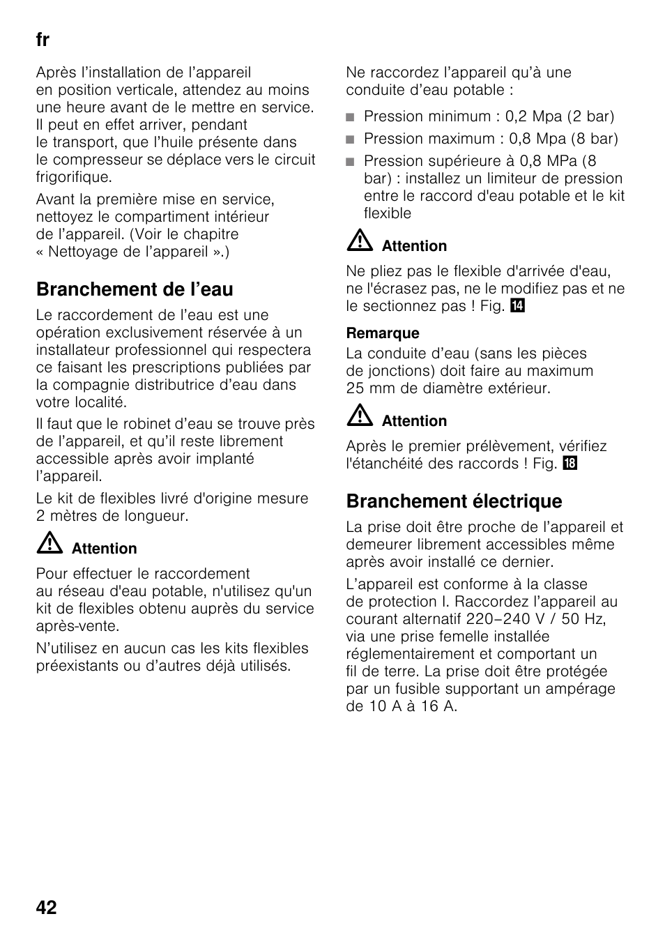 Branchement de l’eau, Branchement électrique, Fr 42 | Siemens KS36WPI30 User Manual | Page 42 / 94