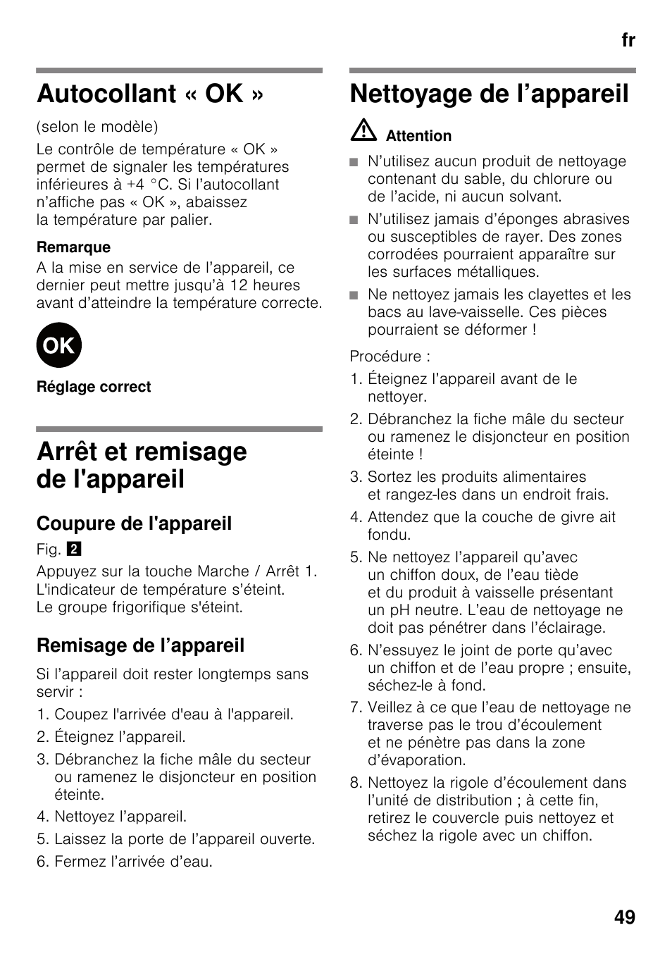 Autocollant « ok, Arrêt et remisage de l'appareil, Coupure de l'appareil | Remisage de l’appareil, Nettoyage de l’appareil, Fr 49 | Siemens KS36WPI30 User Manual | Page 49 / 94