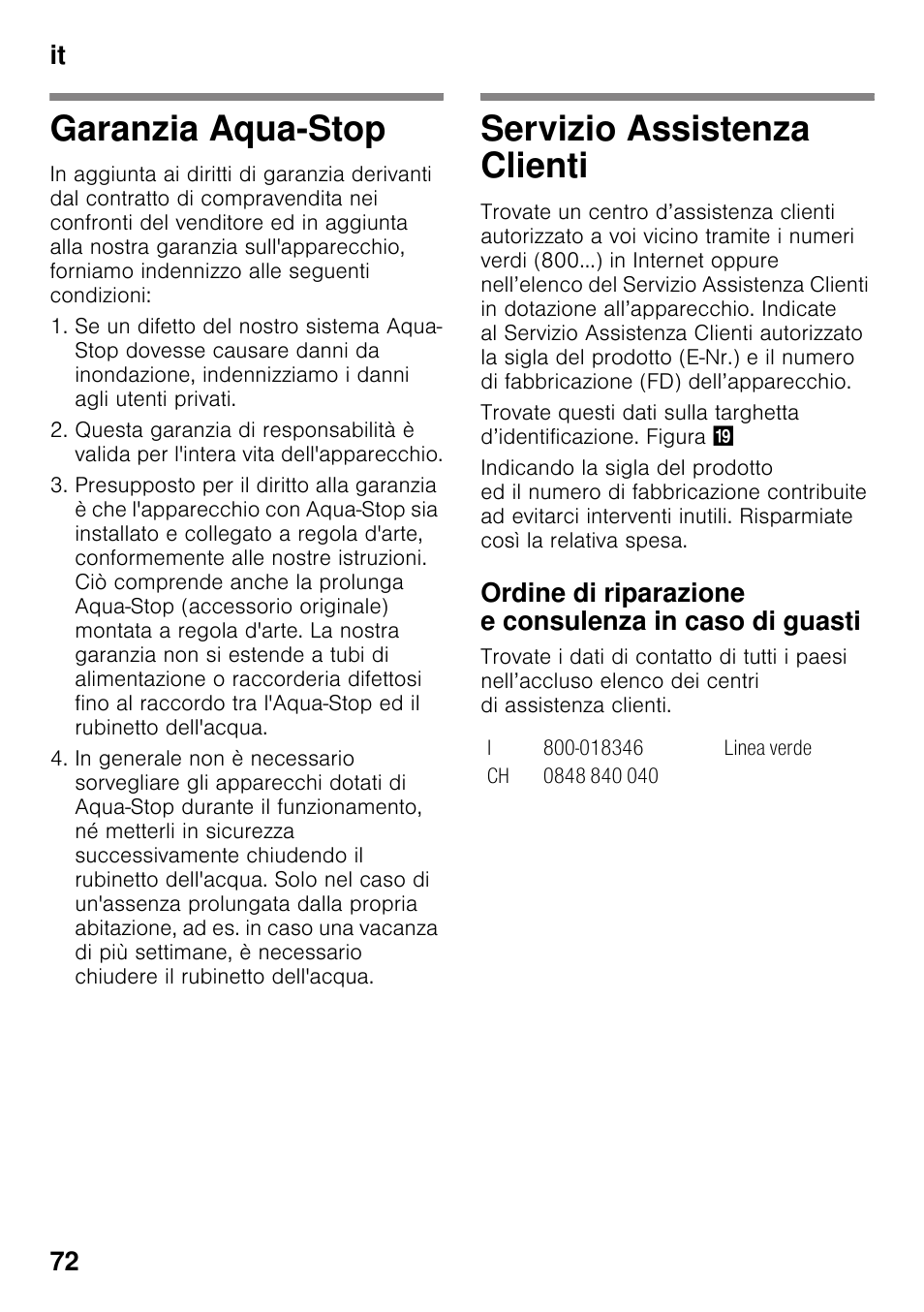 Garanzia aqua-stop, Servizio assistenza clienti, Garanzia aqua-stop servizio assistenza clienti | It 72 | Siemens KS36WPI30 User Manual | Page 72 / 94