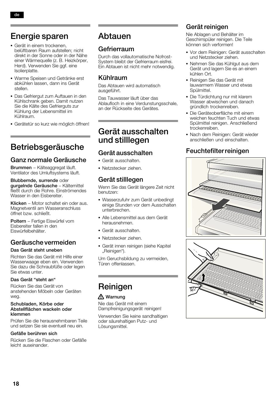 Energie sparen, Betriebsgeräusche, Abtauen | Gerät ausschalten und stilllegen, Reinigen, Ganz normale geräusche, Geräusche vermeiden, Gefrierraum, Kühlraum, Gerät ausschalten | Siemens KA62DV71 User Manual | Page 18 / 120