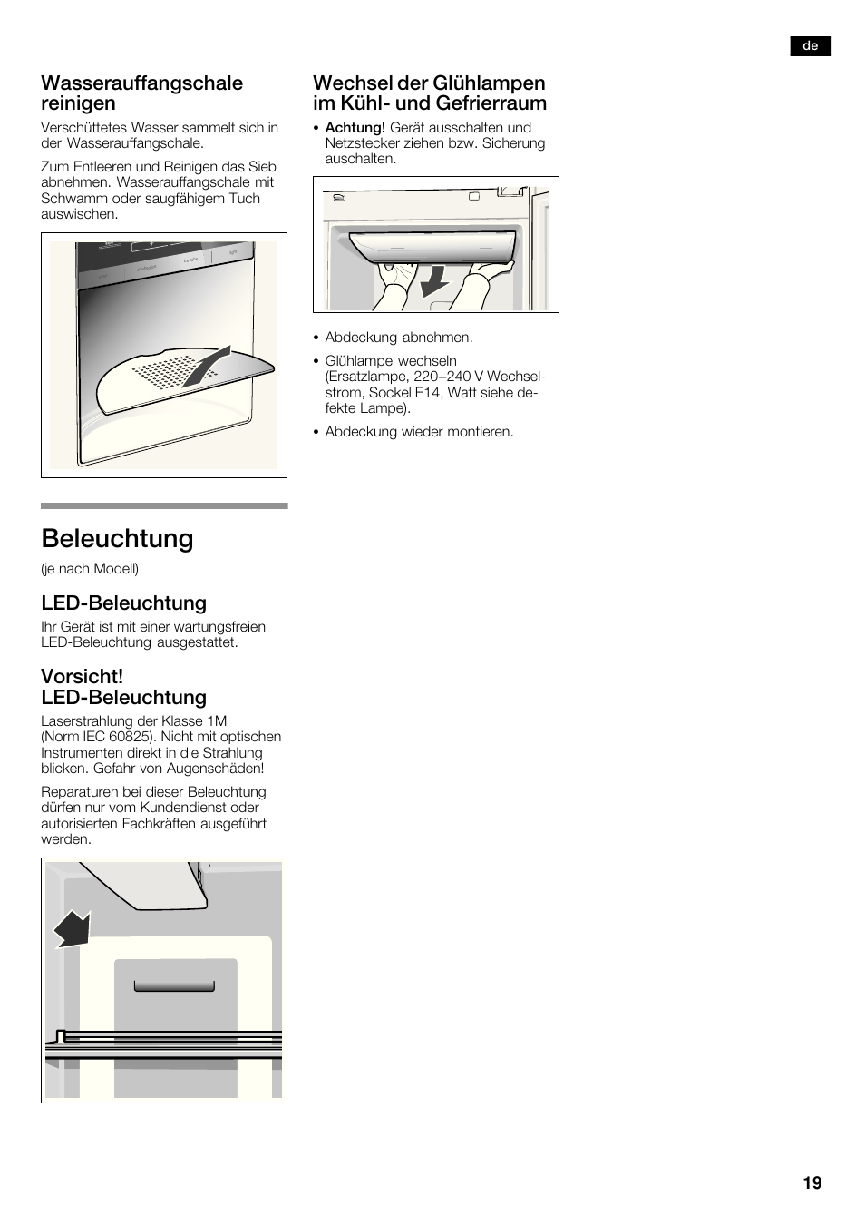 Beleuchtung, Wasserauffangschale reinigen, Ledćbeleuchtung | Vorsicht! ledćbeleuchtung, Wechsel der glühlampen im kühlć und gefrierraum | Siemens KA62DV71 User Manual | Page 19 / 120