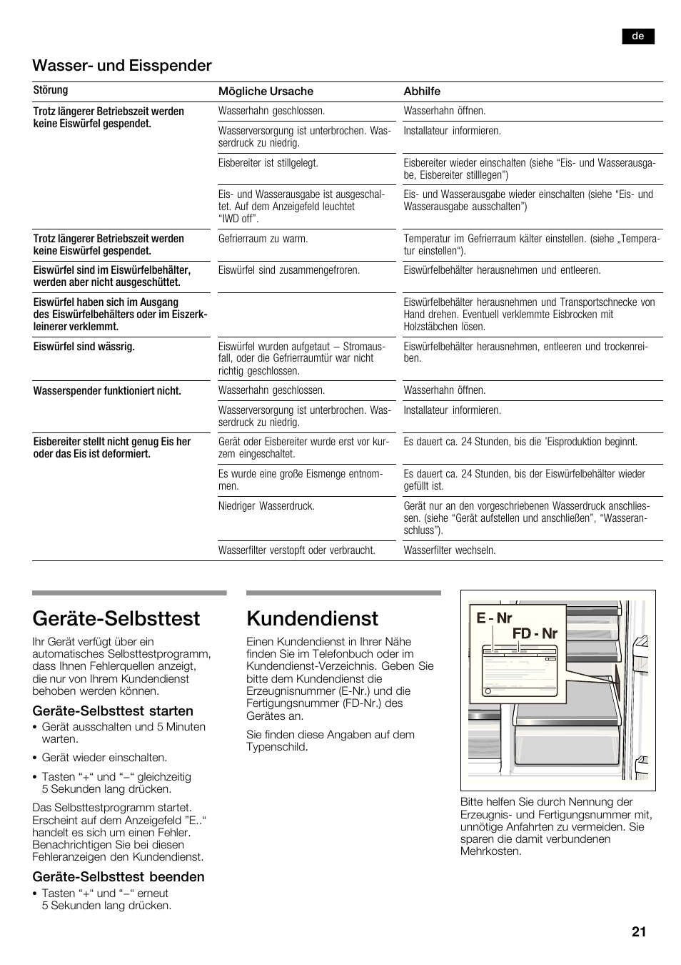 Gerätećselbsttest, Kundendienst, Wasserć und eisspender | Siemens KA62DV71 User Manual | Page 21 / 120