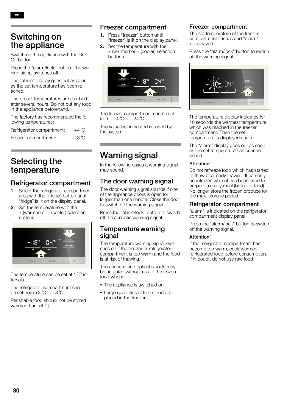 Switching on the appliance, Selecting the temperature, Warning signal | Refrigerator compartment, Freezer compartment, The door warning signal, Temperature warning signal | Siemens KA62DV71 User Manual | Page 30 / 120