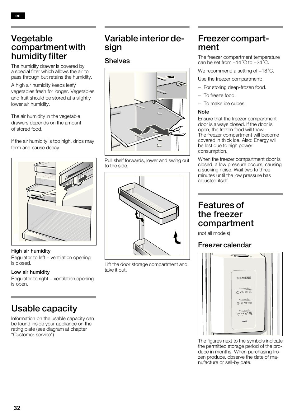 Vegetable compartment with humidity filter, Usable capacity, Variable interior deć sign | Freezer compartć ment, Features of the freezer compartment | Siemens KA62DV71 User Manual | Page 32 / 120