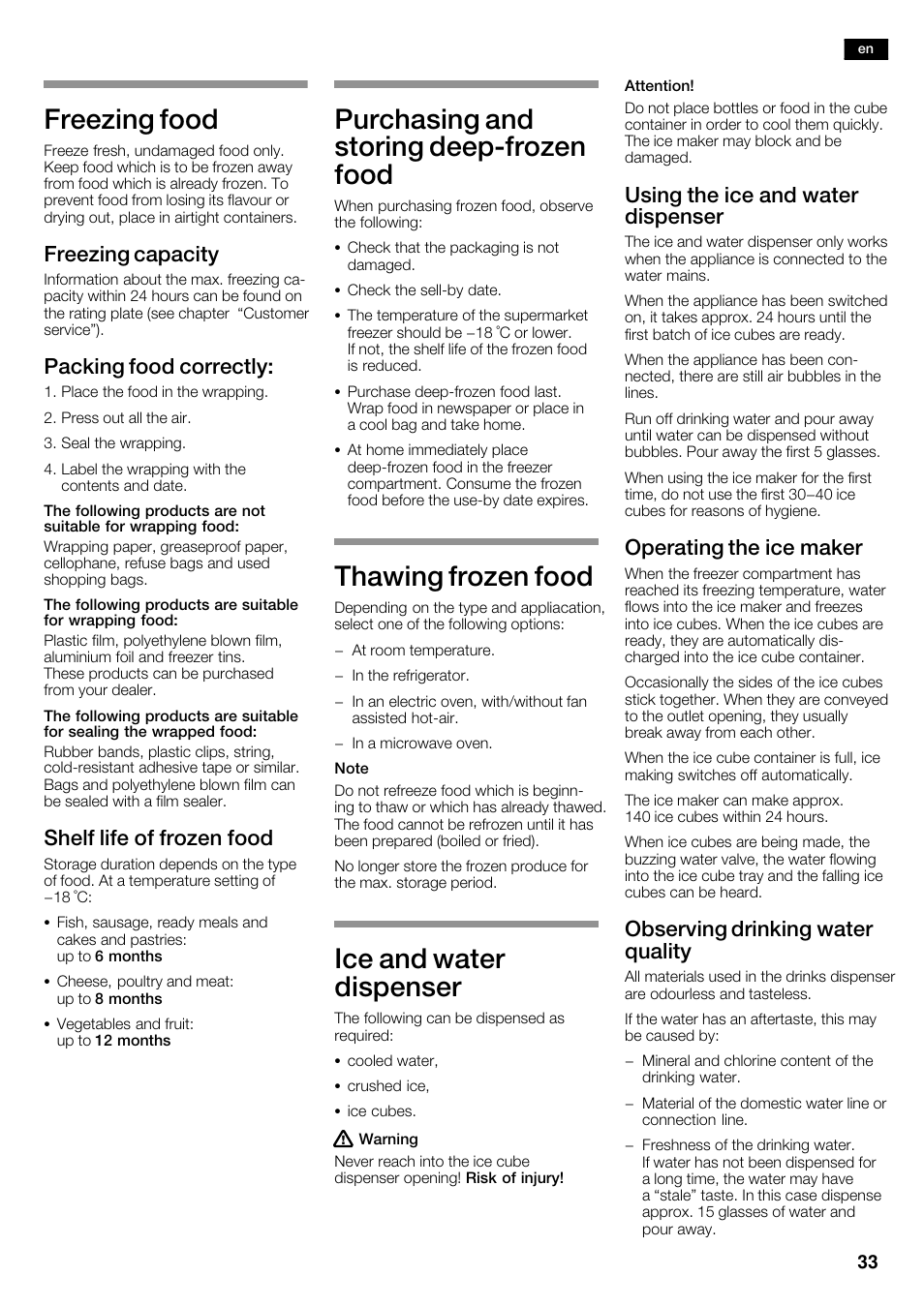 Freezing food, Purchasing and storing deepćfrozen food, Thawing frozen food | Ice and water dispenser, Freezing capacity, Packing food correctly, Shelf life of frozen food, Using the ice and water dispenser, Operating the ice maker, Observing drinking water quality | Siemens KA62DV71 User Manual | Page 33 / 120