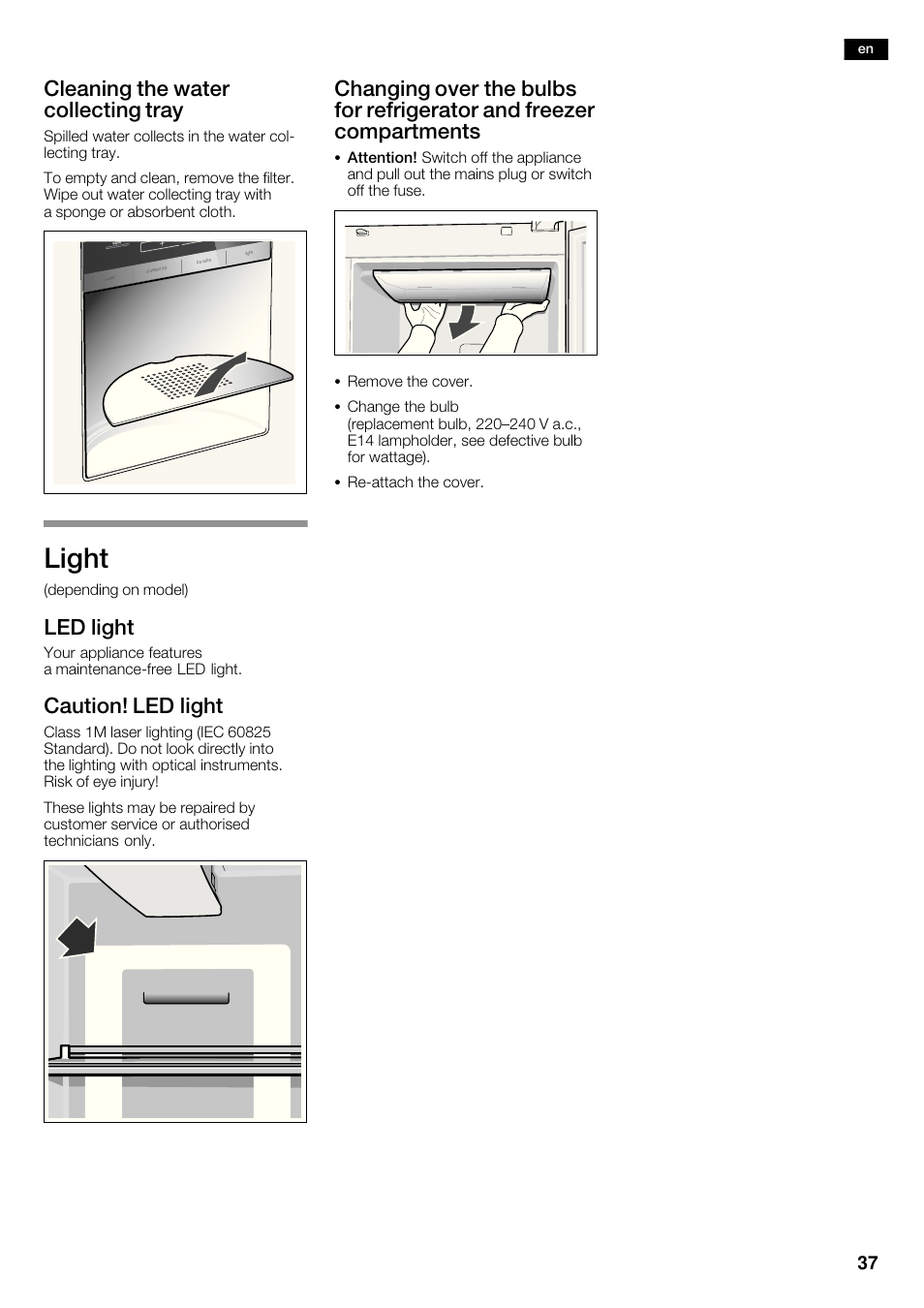 Light, Cleaning the water collecting tray, Led light | Caution! led light | Siemens KA62DV71 User Manual | Page 37 / 120