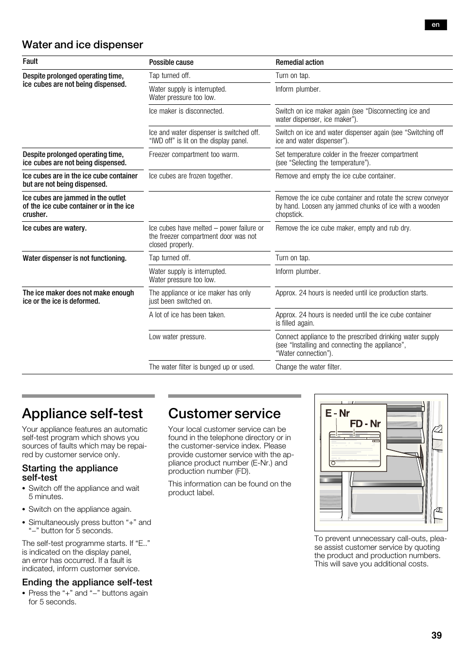 Appliance selfćtest, Customer service, Water and ice dispenser | Siemens KA62DV71 User Manual | Page 39 / 120