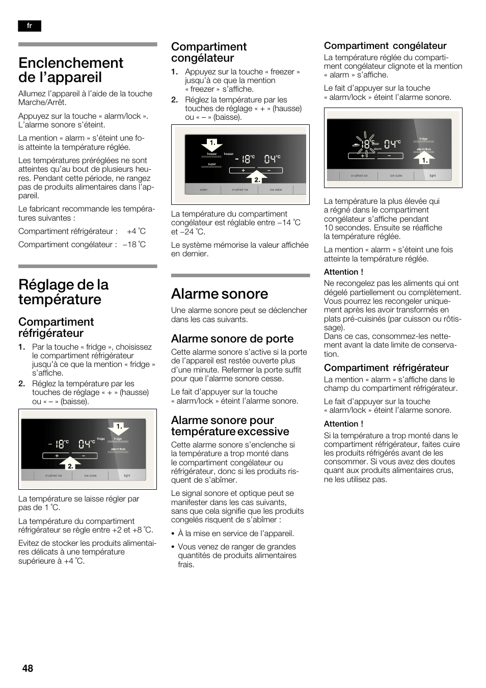 Enclenchement de l'appareil, Réglage de la température, Alarme sonore | Compartiment réfrigérateur, Compartiment congélateur, Alarme sonore de porte, Alarme sonore pour température excessive | Siemens KA62DV71 User Manual | Page 48 / 120