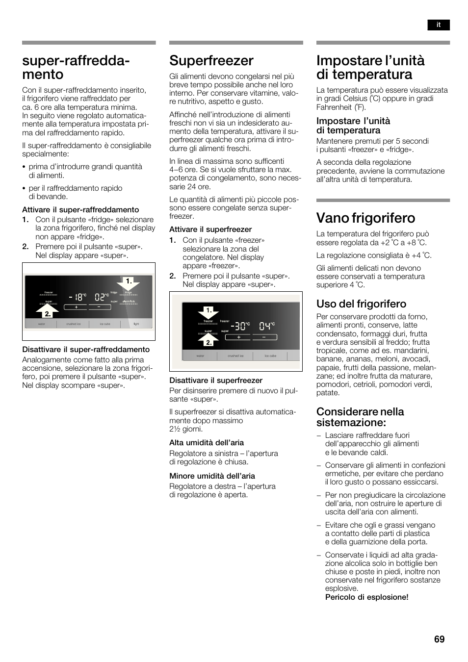 Superćraffreddać mento, Superfreezer, Impostare l'unità di temperatura | Vano frigorifero, Uso del frigorifero, Considerare nella sistemazione | Siemens KA62DV71 User Manual | Page 69 / 120