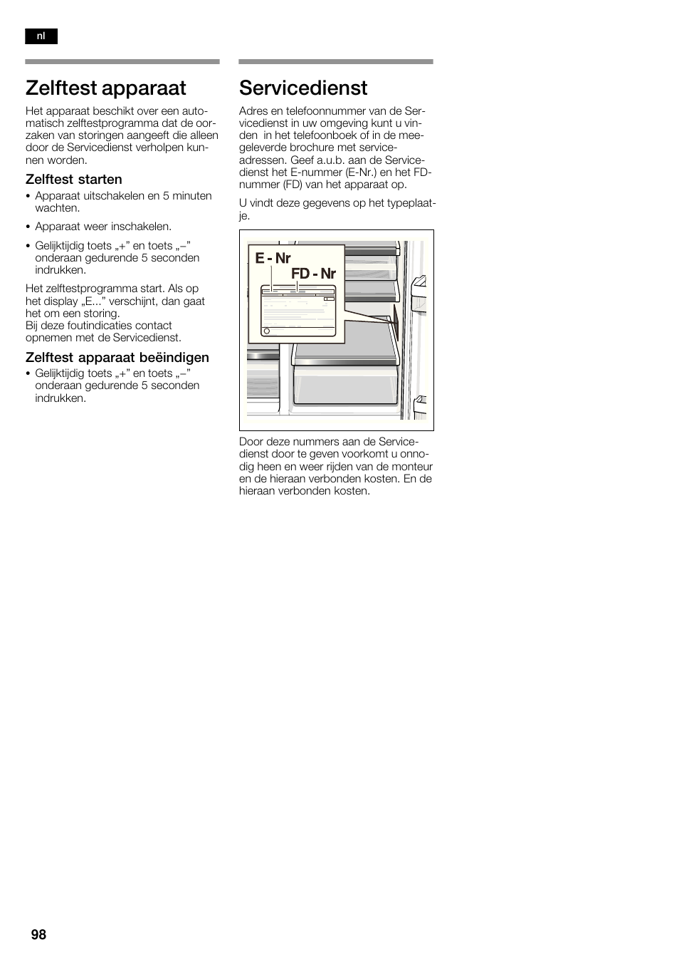 Zelftest apparaat, Servicedienst | Siemens KA62DV71 User Manual | Page 98 / 120