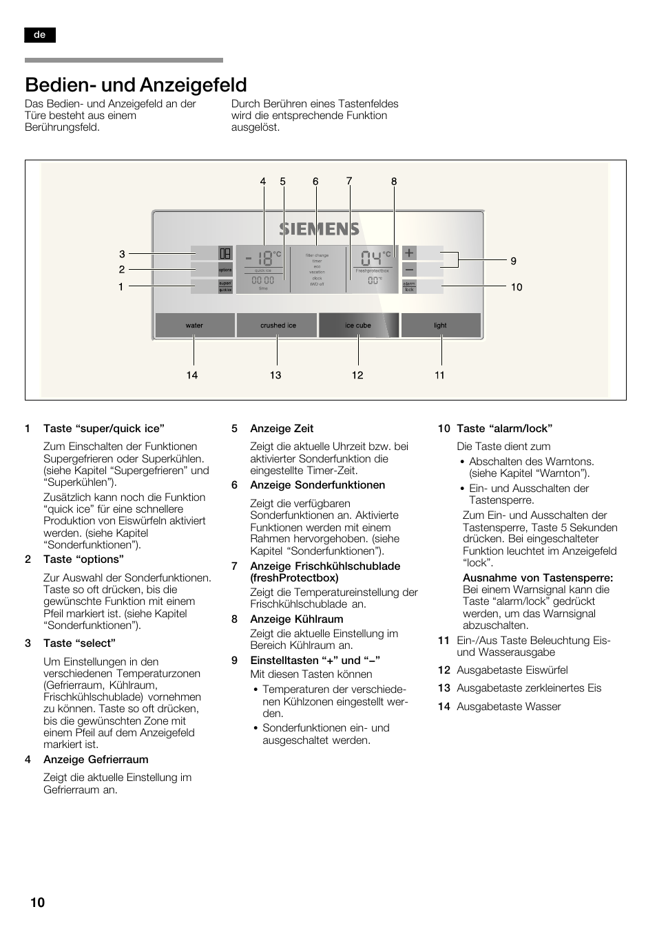 Bedienć und anzeigefeld | Siemens KA62DP91 User Manual | Page 10 / 115