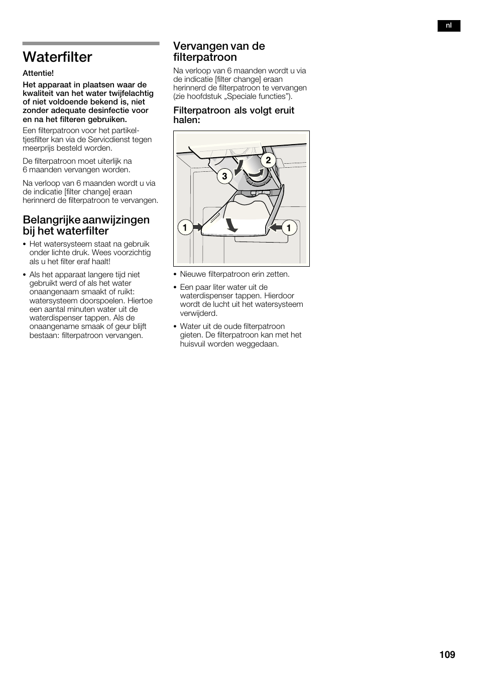 Waterfilter, Belangrijke aanwijzingen bij het waterfilter, Vervangen van de filterpatroon | Siemens KA62DP91 User Manual | Page 109 / 115