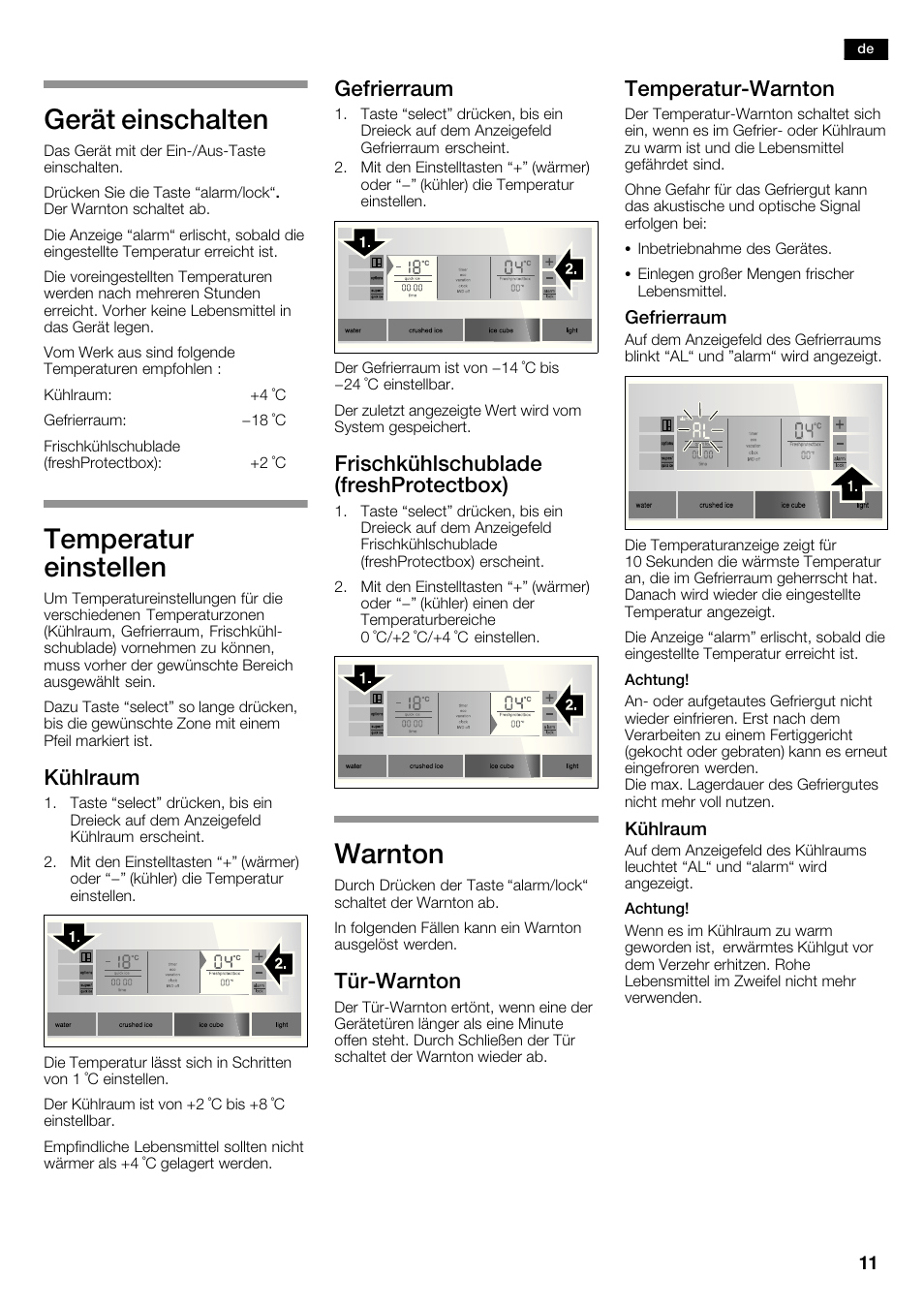 Gerät einschalten, Temperatur einstellen, Warnton | Kühlraum, Gefrierraum, Frischkühlschublade (freshprotectbox), Türćwarnton, Temperaturćwarnton | Siemens KA62DP91 User Manual | Page 11 / 115