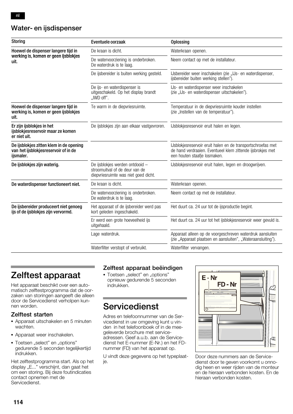 Zelftest apparaat, Servicedienst, Waterć en ijsdispenser | Siemens KA62DP91 User Manual | Page 114 / 115