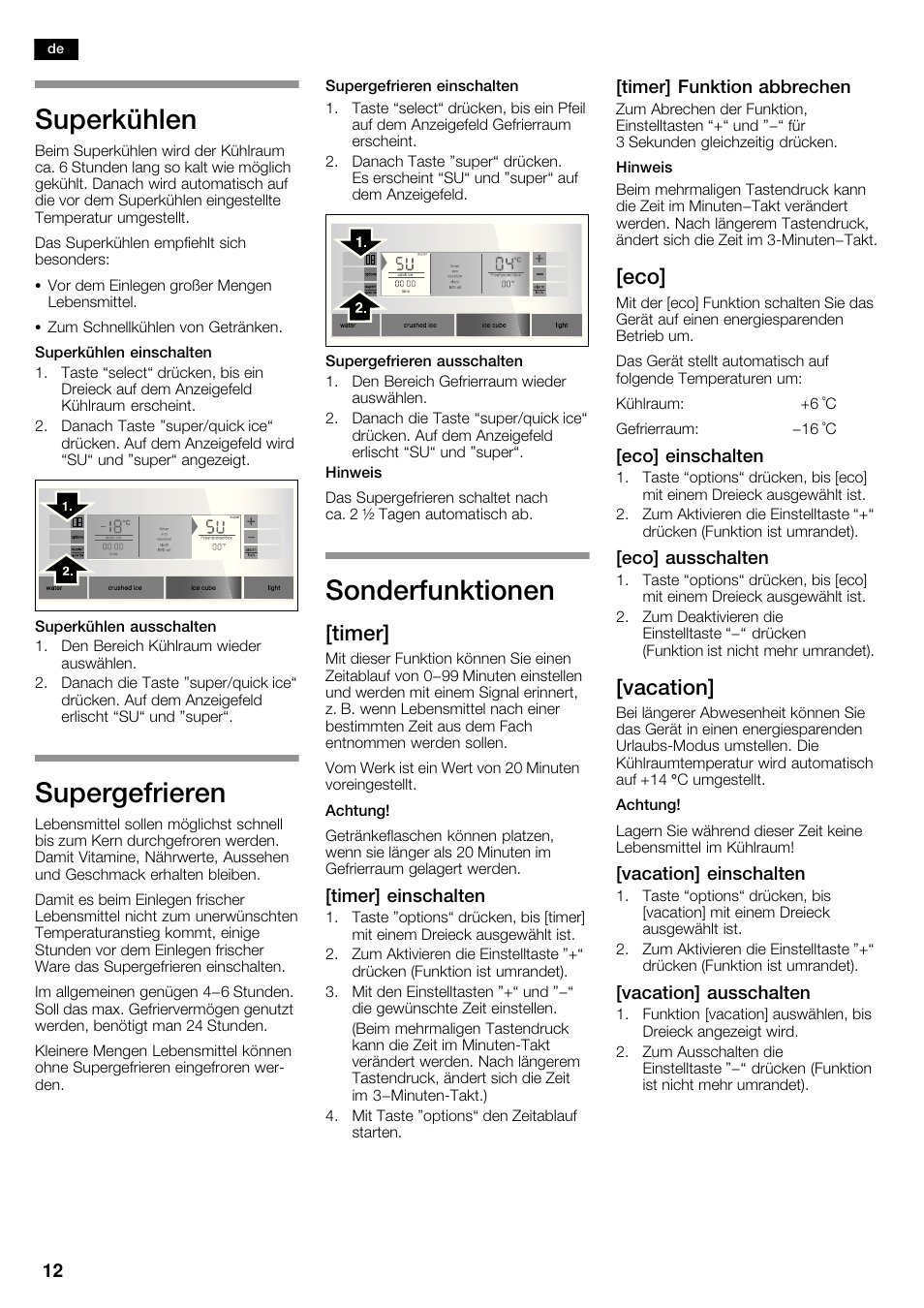 Superkühlen, Supergefrieren, Sonderfunktionen | Timer, Vacation | Siemens KA62DP91 User Manual | Page 12 / 115