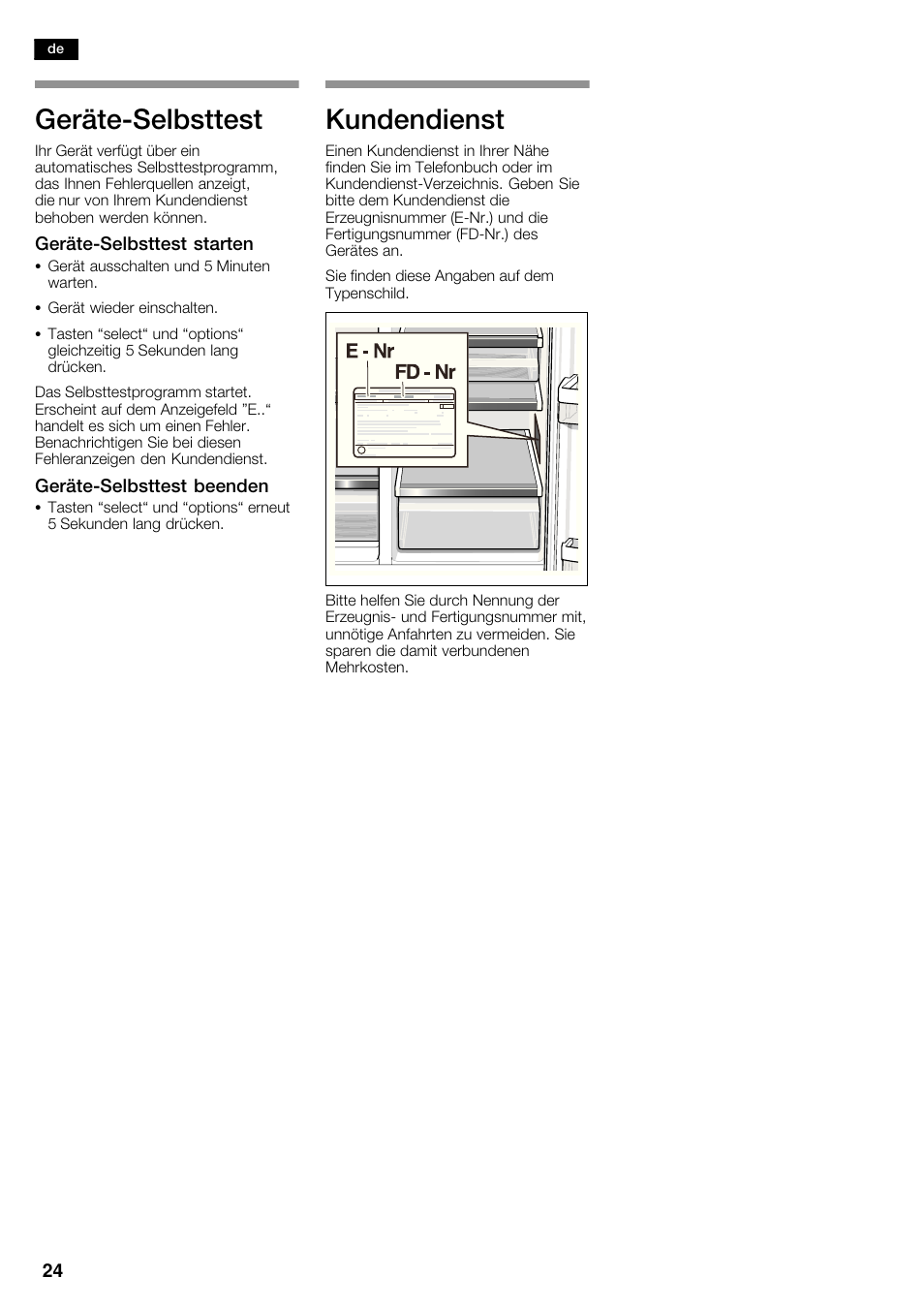 Gerätećselbsttest, Kundendienst | Siemens KA62DP91 User Manual | Page 24 / 115