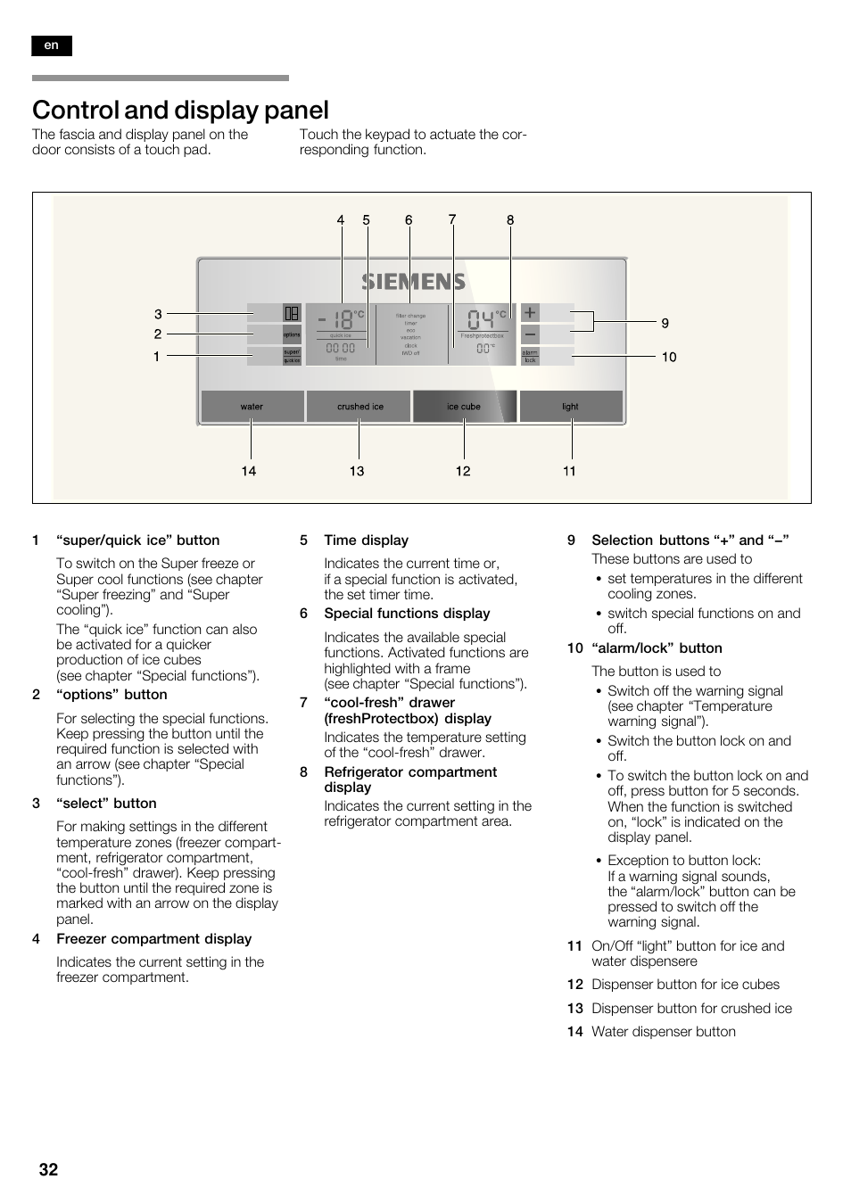 Control and display panel | Siemens KA62DP91 User Manual | Page 32 / 115