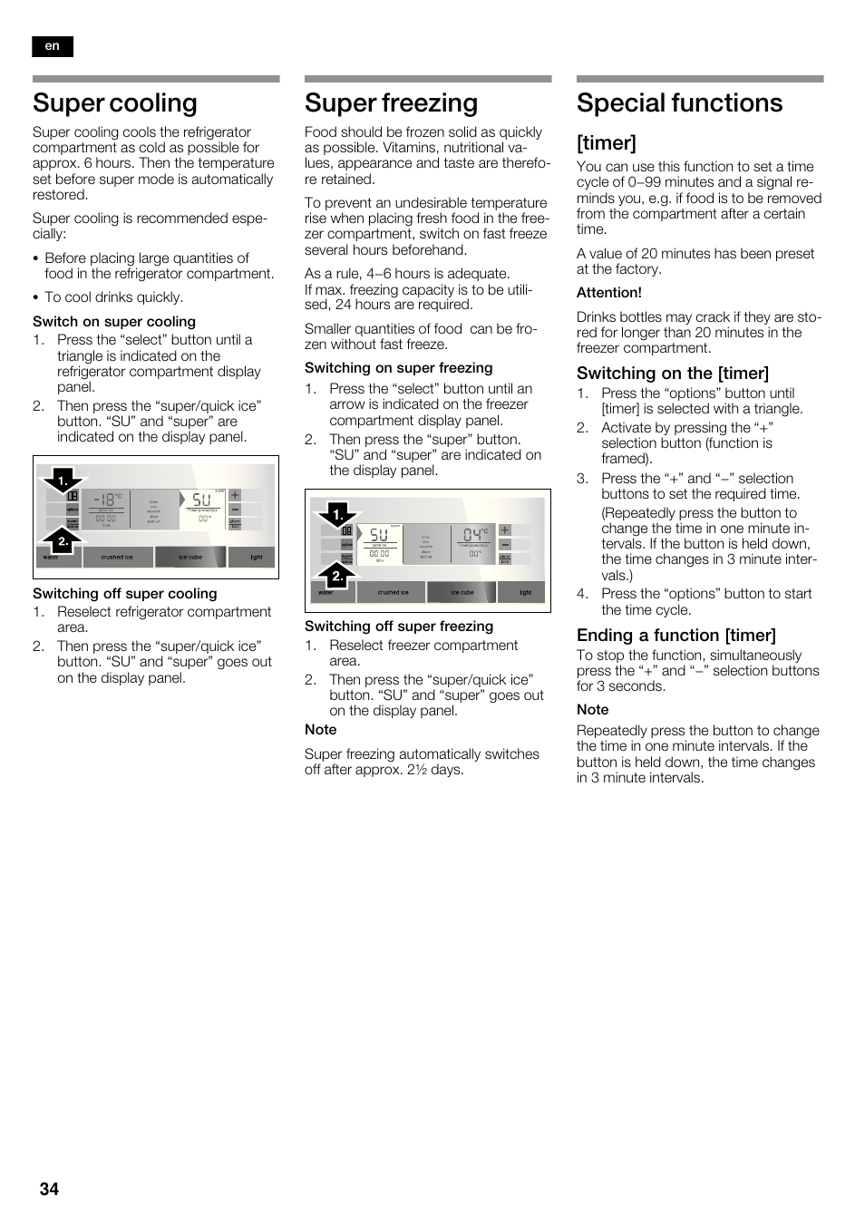 Super cooling, Super freezing, Special functions | Timer | Siemens KA62DP91 User Manual | Page 34 / 115