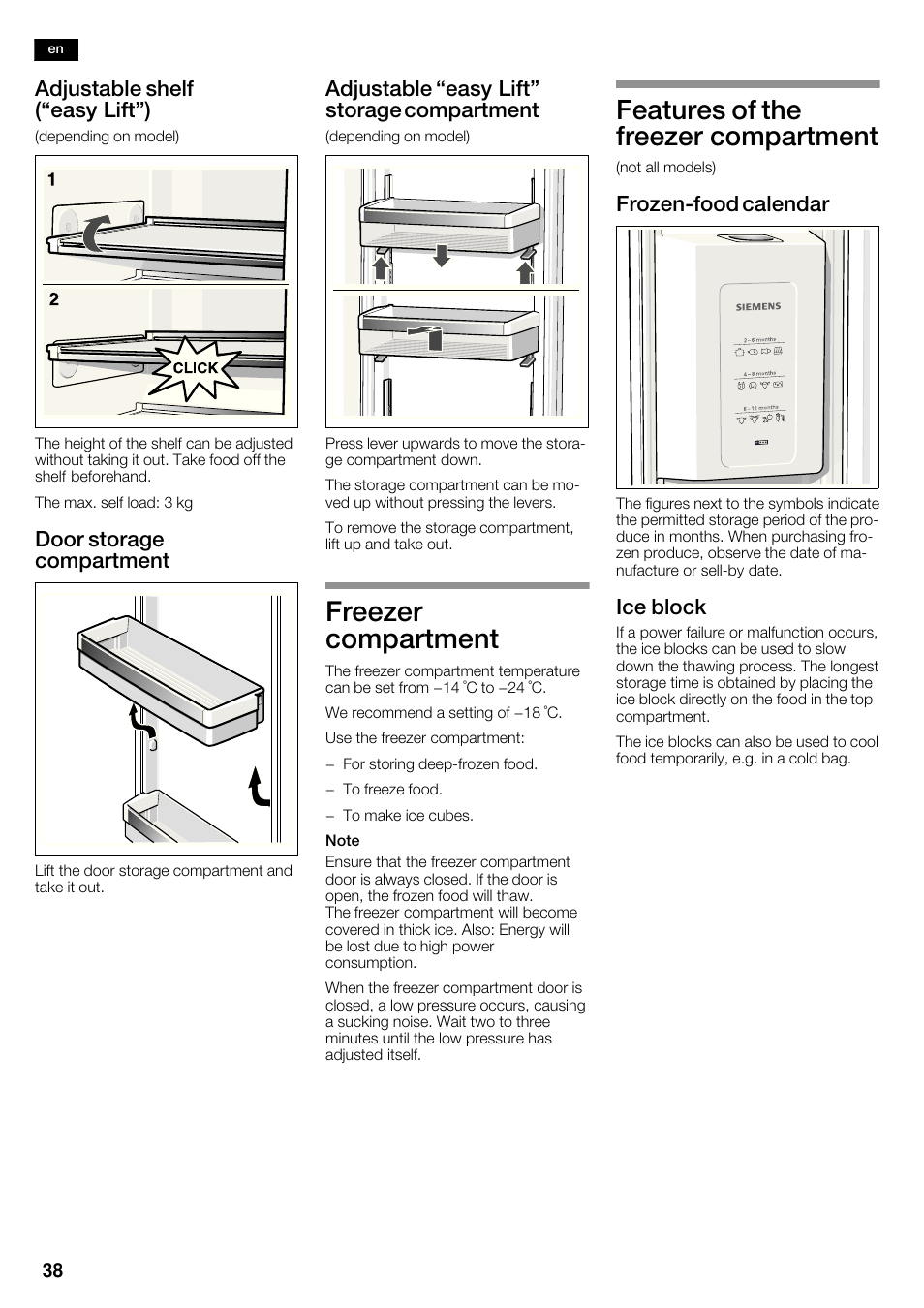 Freezer compartment, Features of the freezer compartment, Adjustable shelf (easy lift") | Door storage compartment, Adjustable easy lift" storage compartment, Frozenćfood calendar, Ice block | Siemens KA62DP91 User Manual | Page 38 / 115