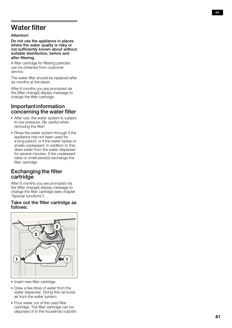 Water filter, Important information concerning the water filter, Exchanging the filter cartridge | Siemens KA62DP91 User Manual | Page 41 / 115