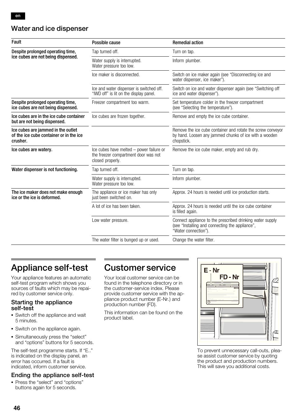 Appliance selfćtest, Customer service, Water and ice dispenser | Siemens KA62DP91 User Manual | Page 46 / 115