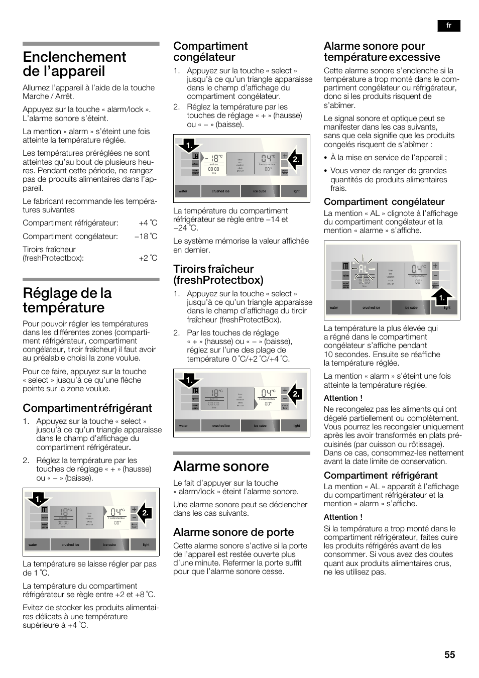 Enclenchement de l'appareil, Réglage de la température, Alarme sonore | Compartiment réfrigérant, Compartiment congélateur, Tiroirs fraîcheur (freshprotectbox), Alarme sonore de porte, Alarme sonore pour température excessive | Siemens KA62DP91 User Manual | Page 55 / 115