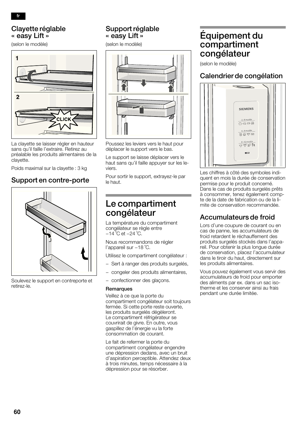 Le compartiment congélateur, Équipement du compartiment congélateur, Clayette réglable « easy lift | Support en contrećporte, Support réglable « easy lift, Calendrier de congélation, Accumulateurs de froid | Siemens KA62DP91 User Manual | Page 60 / 115