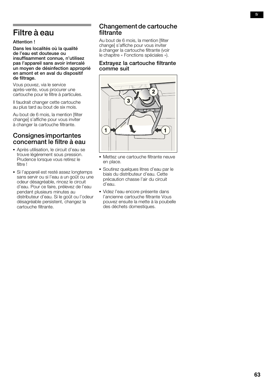 Filtre à eau, Consignes importantes concernant le filtre à eau, Changement de cartouche filtrante | Siemens KA62DP91 User Manual | Page 63 / 115