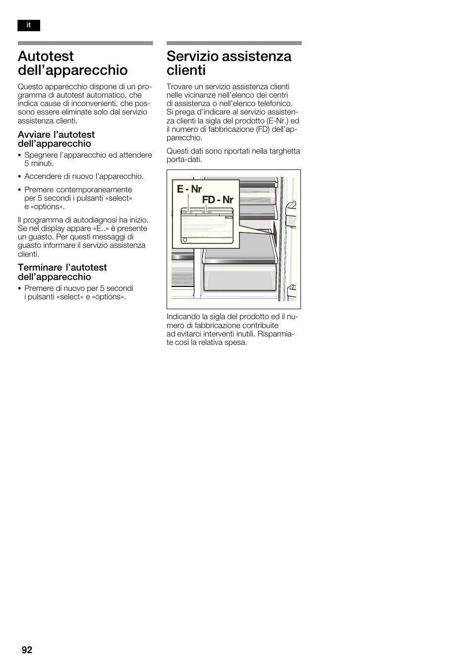 Autotest dell'apparecchio, Servizio assistenza clienti | Siemens KA62DP91 User Manual | Page 92 / 115